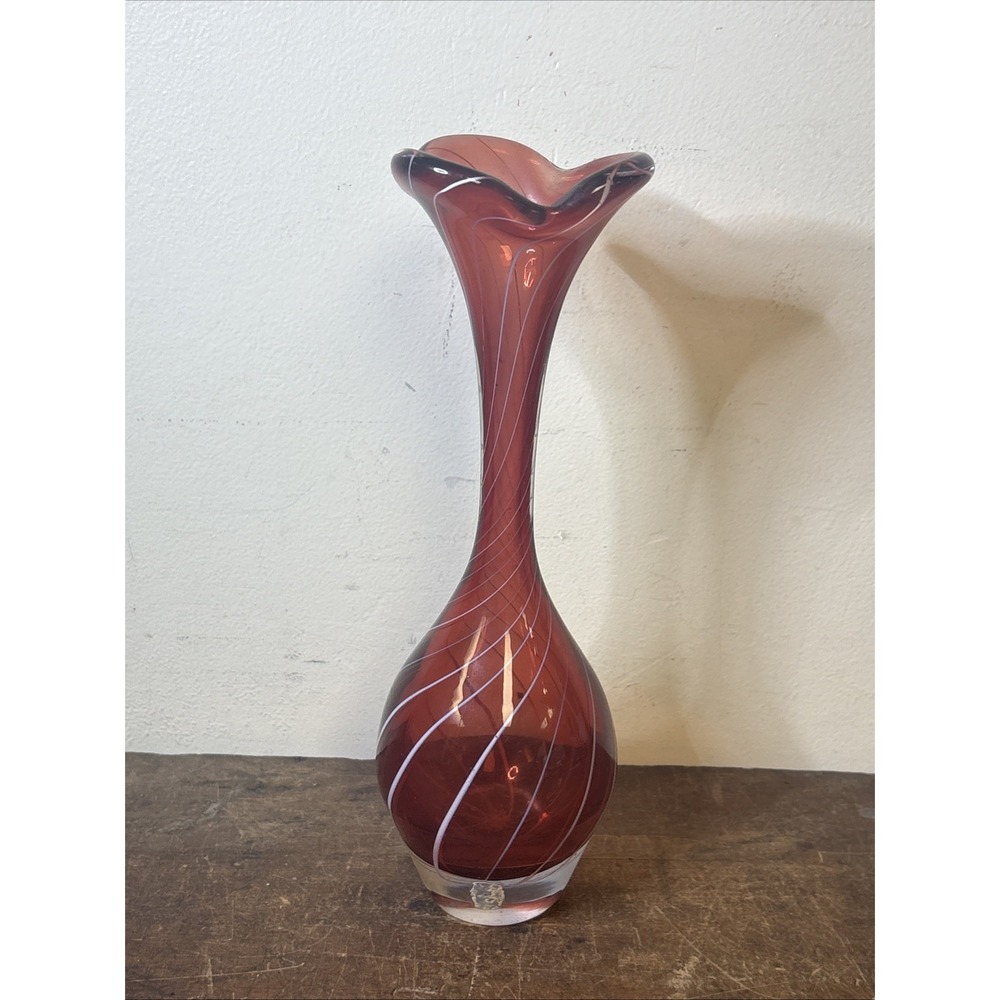 HAND CRAFTED TALL RED GLASS VASE WITH WHITE SWIRL PATTERN  - POLISHED BOTTOM
